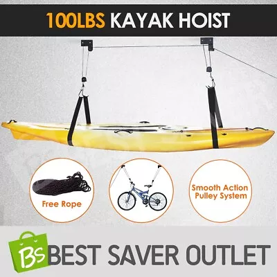 Kayak Hoist Pulley System Bike Lift Garage Ceiling Hook Storage Rack Free Rope • $49.69