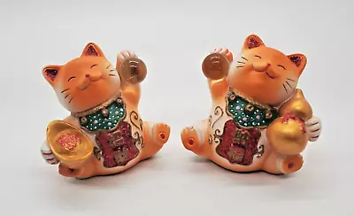 2 Vintage Maneki Neko Japanese Beckoning Lucky Cat Figurines • $42.99