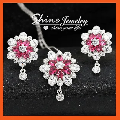 18k Gold Gf Pink Ruby Crystal Flower Lady Girl Necklace Chain Earrings Party Set • $24.77