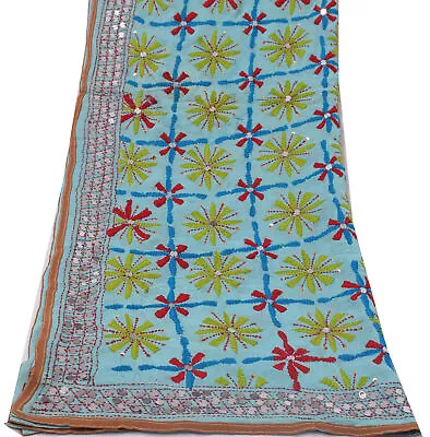 Sushila Vintage Blue Dupatta Pure Georgette Silk Phulkari Embroidered Long Stole • $44.99