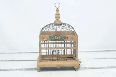 Antique . Vintage Victorian Antiqued Yellow/Green Tole Painted Wood Bird Cage • $160