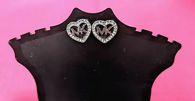 Michael Kors Initials Crystal Heart Logo Silver Tone Stud Earrings • $30.87