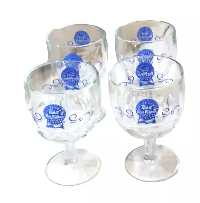 Set Of 4 Vintage Pabst Blue Ribbon Glass Beer Thumbprint  Goblet Mug Stemware • $24.95