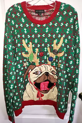 Mens XL UGLY CHRISTMAS SWEATER Top PUG DOG ORNAMENTS ANTLERS SUPER CONDITION! • $11.16