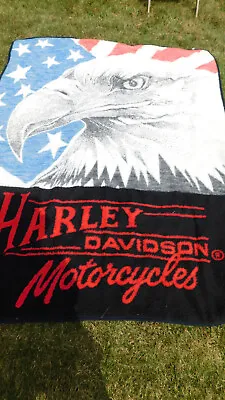 $74.99 • Buy Vtg Biederlack Harley Davidson Eagle Flag Stars Stripes USA Fleece Blanket 58x76