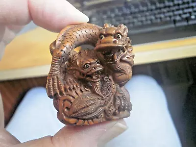£24.99 • Buy Hand Carved Wood Netsuke Dragon Protecting Baby Dragon Collectable Figure