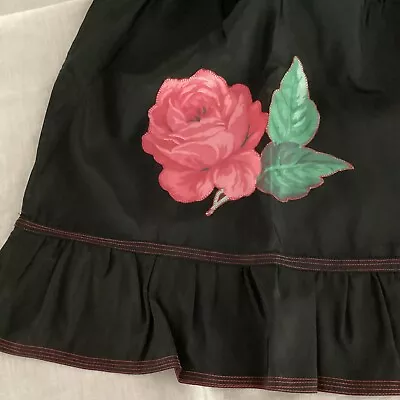 Vtg. Black Satin Hostess Apron Pink Cabbage Roses Chintz Appliqué One Of A Kind • $8.95