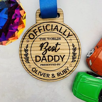 Personalised Fathers Day Medal Laser Engraved Oak Veneer With Ribbon & Gift Bag • £5.99