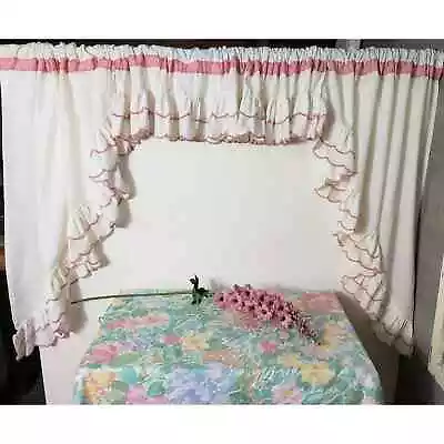 Vintage JC Penny Ruffled Pink And White Tiered Cafe Curtains Kitchen Curtains • $40