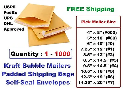 #000 00 0 1 2 3 4 5 6 7 Kraft Bubble Mailers Padded Shipping Envelopes -1 25 100 • $4.69