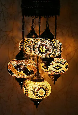 £194.95 • Buy Turkish Moroccan Mosaic Hanging Ceiling Chandelier Lamp Light 5 Large Globe UK