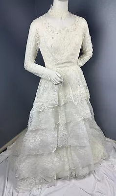 Vtg 60s ILGWU Union Made Wedding Dress Ivory Lace High Neck Tiered Train 11/12 • $99