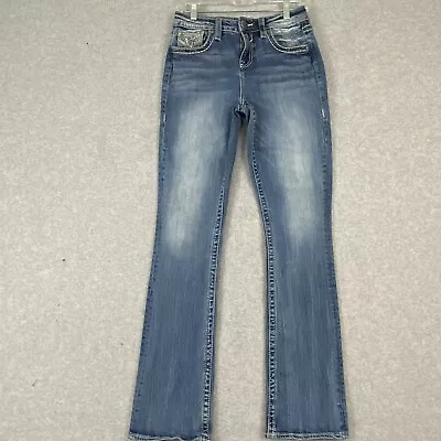 Vigoss Jeans Womens Size 6 Blue Embroidered Bootcut Mid Rise Flap Pockets Denim • $16.88