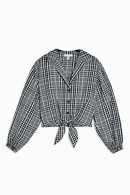 £13.99 • Buy Topshop Blue Gingham Check Balloon Sleeve Tie Front Shirt Top Size 18
