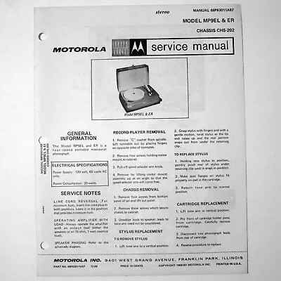 Motorola ® Models MP9EL MP9ER Portable Record Player Service Manual © 1968 • $4.70