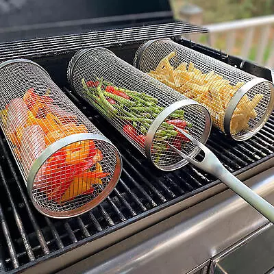 BBQ Net Tube Rolling Basket Grill Tool With Removable Mesh Cover BBQ Accessories • $17.49
