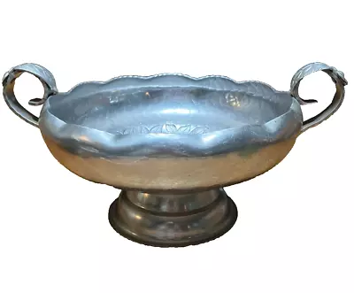 Vintage Hammered Aluminum Pedestal Nut Bowl Handles Rose Pattern 9  Diameter • $12.99