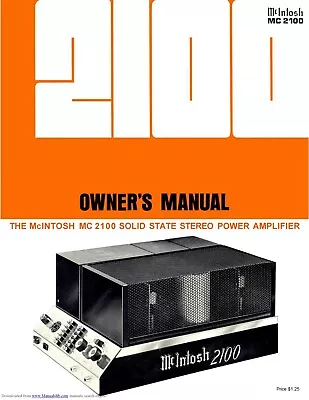 Bedienungsanleitung-Owner's Manual For McIntosh Mc 2100 • $13.54