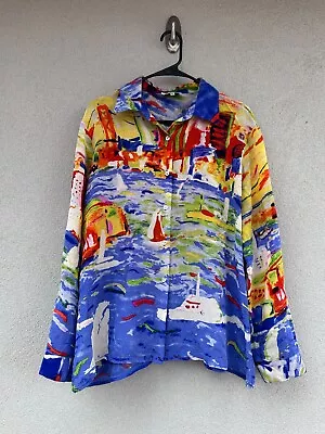 Michael Leu Long Sleeve Button Front Shirt 100% Silk Wearable Art Size XL Artsy • $39.95