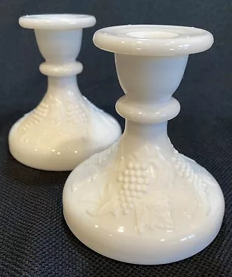 (2) WESTMORELAND White Milk Glass Grapes/Vines/Leaves Candlestick Holders • $19.99