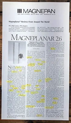 Magnepan Model Magneplanar 2.6 Speaker Mag. Reviews Brochure *Orig* • $14.97