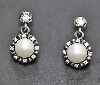 Pandora 925 Silver CZ's & Pearl Everlasting Grace Dangle Earrings 5.5g 290562P • £43.38