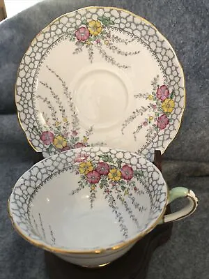 Copelands Grosvenor Tea Cup & Saucer A392L PinkYellowGrayGreen W/Gold Trim • $12.99