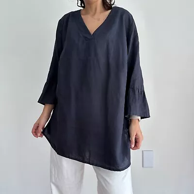 100% Linen Lagenlook Tunic Top Womens US 18 Navy Ruffle Sleeve Blouse V Neck • £38.54