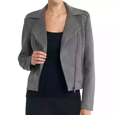 Philosophy Faux Suede Moto Jacket Coat Grey Full Zip Womens Size Small Pockets • $24.99