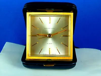 VINTAGE TIFFANY & CO TRAVEL ALARM SWISS 8 DAY CLOCK LEATHER CASE 1970s • $160