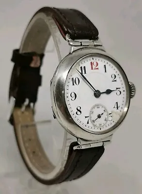 Vtg C1916 Frederick Wright Solid Silver 31mm Hinged Lugs Gents WW1 Trench Watch • £135