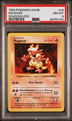 1999 Pokemon Game Shadowless Magmar #36 Graded PSA 8 / 10 Near Mint • $35