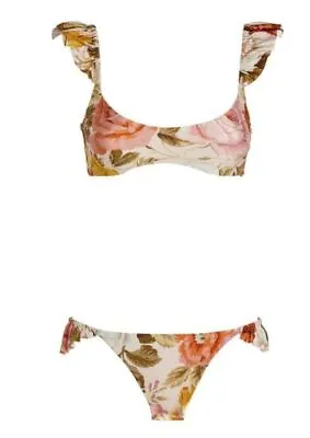 Zimmermann Bonita Frill Shoulder Bikini | Cream Floral / Mango Yellow • $144.99