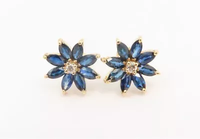 14K Yellow Gold Marquise Sapphire & Diamond Accent Flower Cluster Stud Earrings • $150