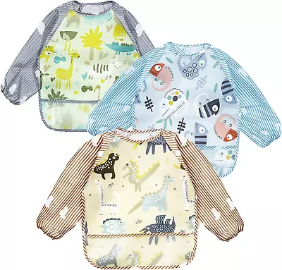 Pandaear (3 Pack Waterproof Baby Bibs With Long Sleeve| Baby Feeding Bib Paintin • £11.31