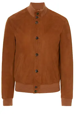 Men's New Fashion Cognac Brown Suede Leather Bomber Buttoned Jacket BMB92 • $139.23