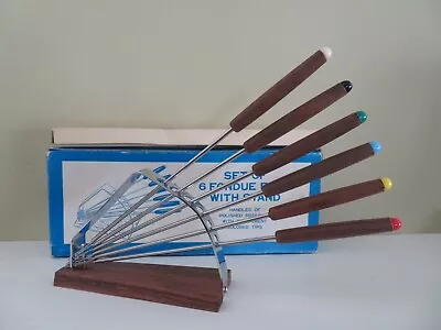 Vintage Fondue Forks Set Of 6 With Colored Tips Rose Wood Handles And Stand • $12.99