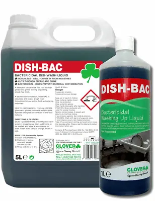 Clover Dish-Bac Washing Up Liquid With Bactericide 1Ltr Or 5Ltr 221 • £19.99