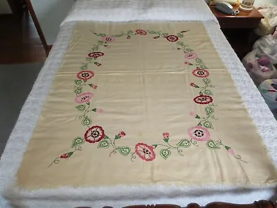 Antique MORNING GLORY VINE Embroidered MUSLIN/GAUZE Fringed TABLECLOTH-48  X 60  • $20