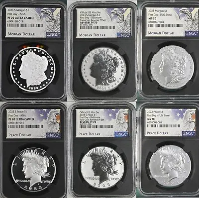 2023 MORGAN & PEACE SILVER DOLLARS COMPLETE 6 NGC MS PF70 All SHOW EDITION S P • $1399.99