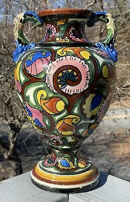 14 1/4  LARGE Vintage Spain Talavera Polychrome Ceramic Face Handled Vase • $125