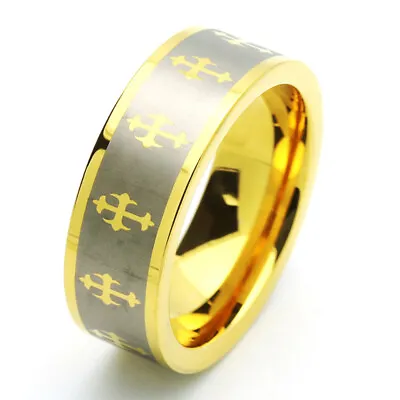 Men 8MM Comfort Fit Tungsten Carbide Wedding Band Gold Tone Celtic Cross Ring • $39.99