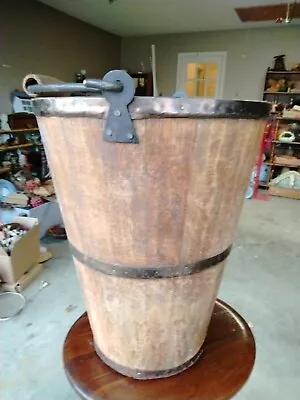 Vintage Primitive Wood  Bucket Brass Banded Wood Handle 15.5  Tall 11  Top Diame • $65