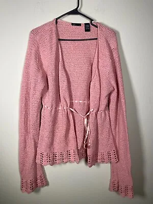 Moda International Women's LS Wool Blend Pink Ribbon Waist Cardigan Sweater L • $17