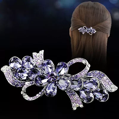 Women Silver Tone Purple Color Rhinestone Crystal Hair Barrettes Metal Hair Clip • $8.98