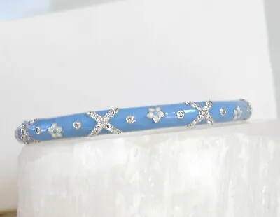 Designer Sterling Silver 925 Blue Daisy Enamel CZ Flower Bracelet 7.5  • $59