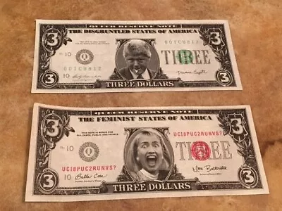 Vintage Bill & Hillary Clinton Three Dollar $3 Bills Excellent Condition • $5