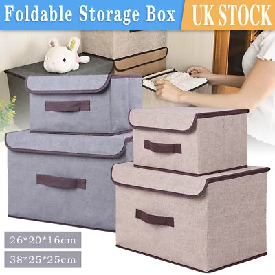 Large & Small Foldable Canvas Storage Folding Fabric Clothes Basket With Lid Box • £8.49