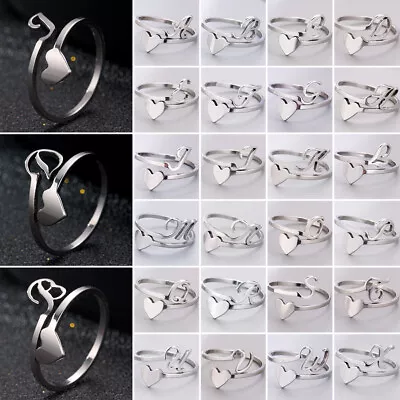 Stainless Steel 26 Letters Open Ring Heart A-Z Ring Women Men Fashion Jewelry • $0.95