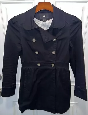 H&M Womens Stretch Cotton LS Double Breasted Solid Black Pea Coat Jacket Size 4 • $9.95
